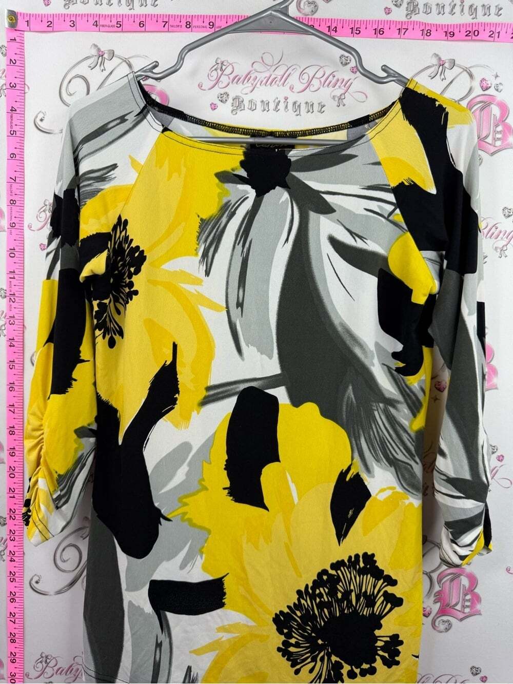 CARTISE top Women's Yellow Floral Boatneck Blouse with Three-Quarter Sleeves